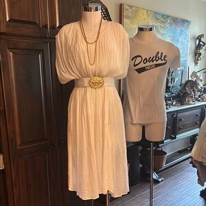 Vintage Tina Grecian 1980’s Sz OSFM Cotton Blend Gauzy Ivory Midi Dress GVC